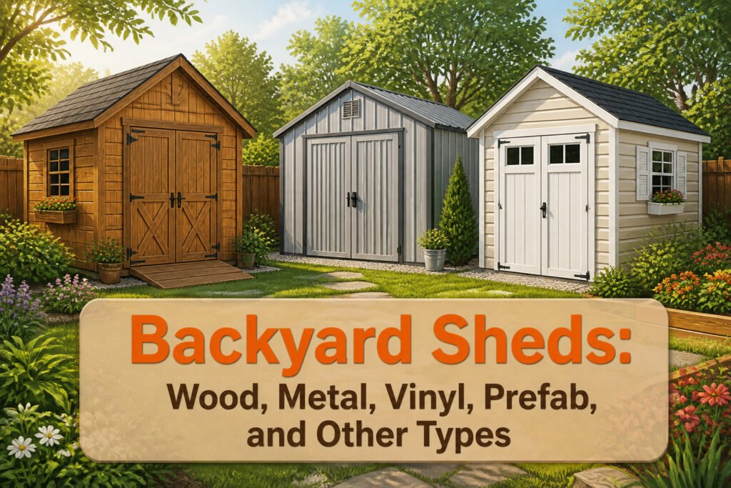 Different types of backyard sheds including wood, metal, and vinyl.