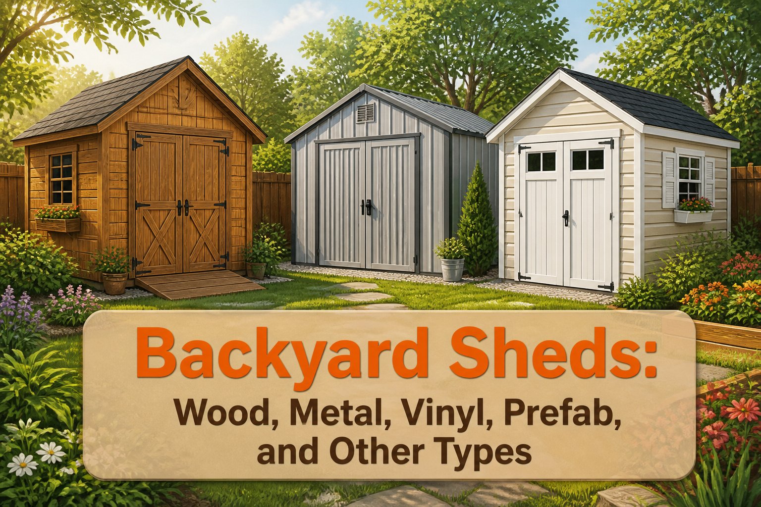 Different types of backyard sheds including wood, metal, and vinyl.