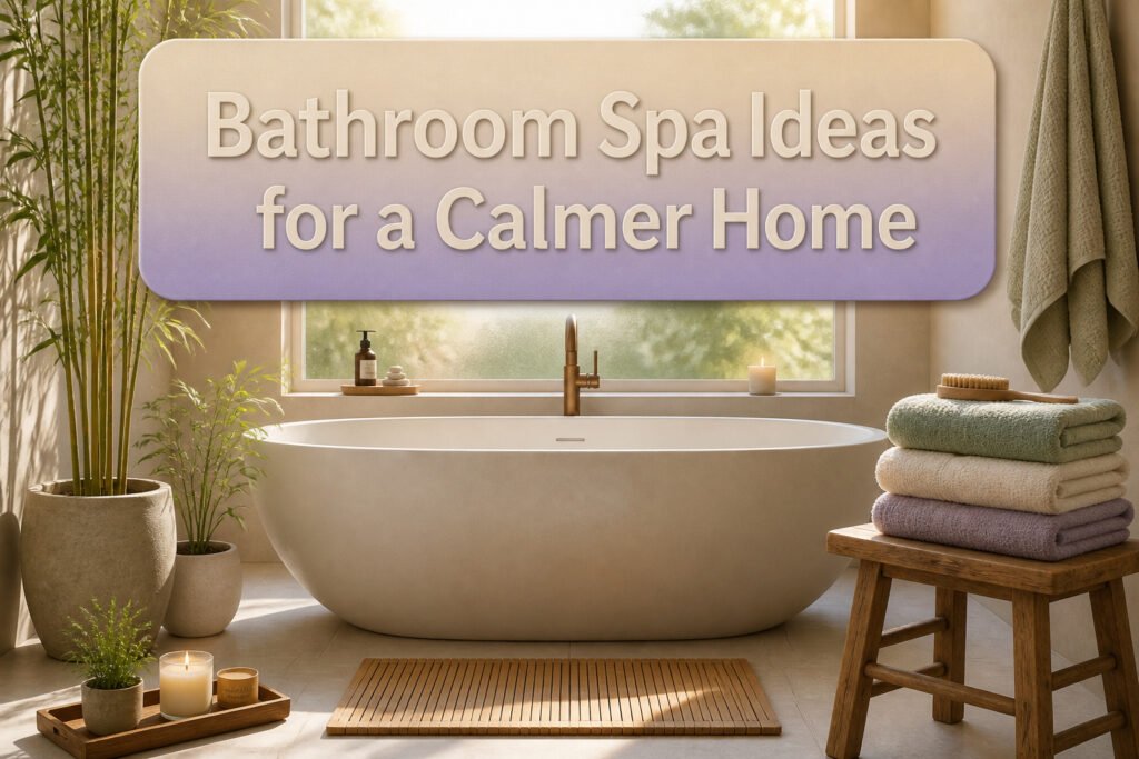 A serene bathroom with wooden bench, bamboo mat, and soft gray stone tiles.
