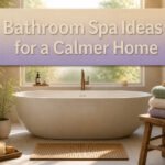 A serene bathroom with wooden bench, bamboo mat, and soft gray stone tiles.
