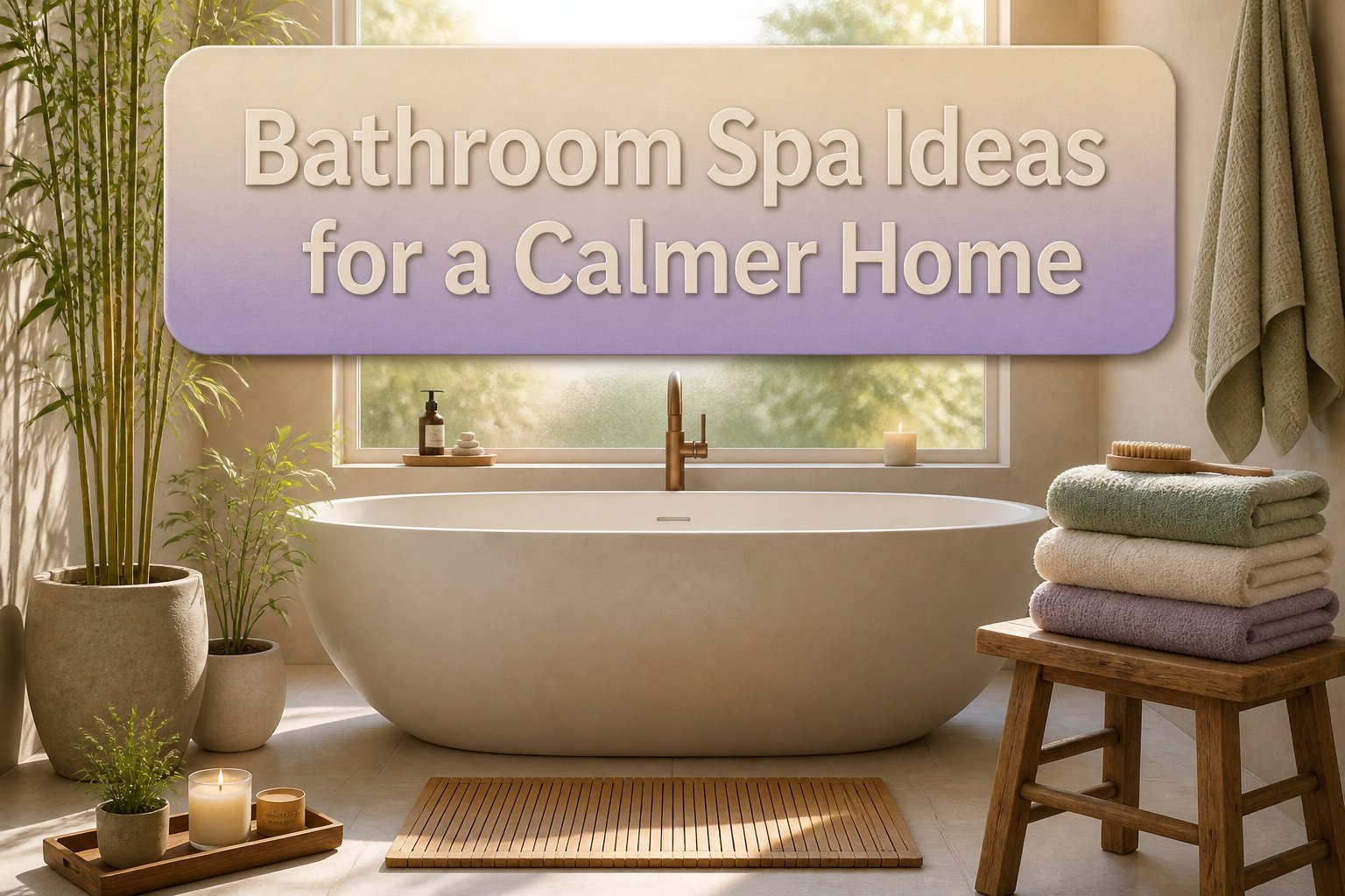 A serene bathroom with wooden bench, bamboo mat, and soft gray stone tiles.