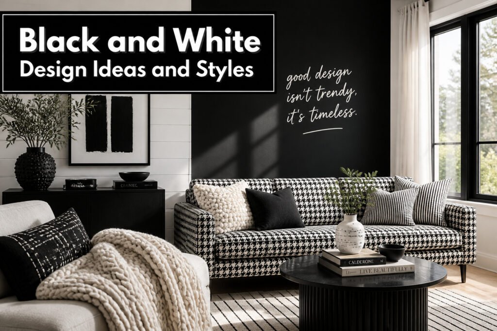A monochromatic interior design showcasing black and white elements.