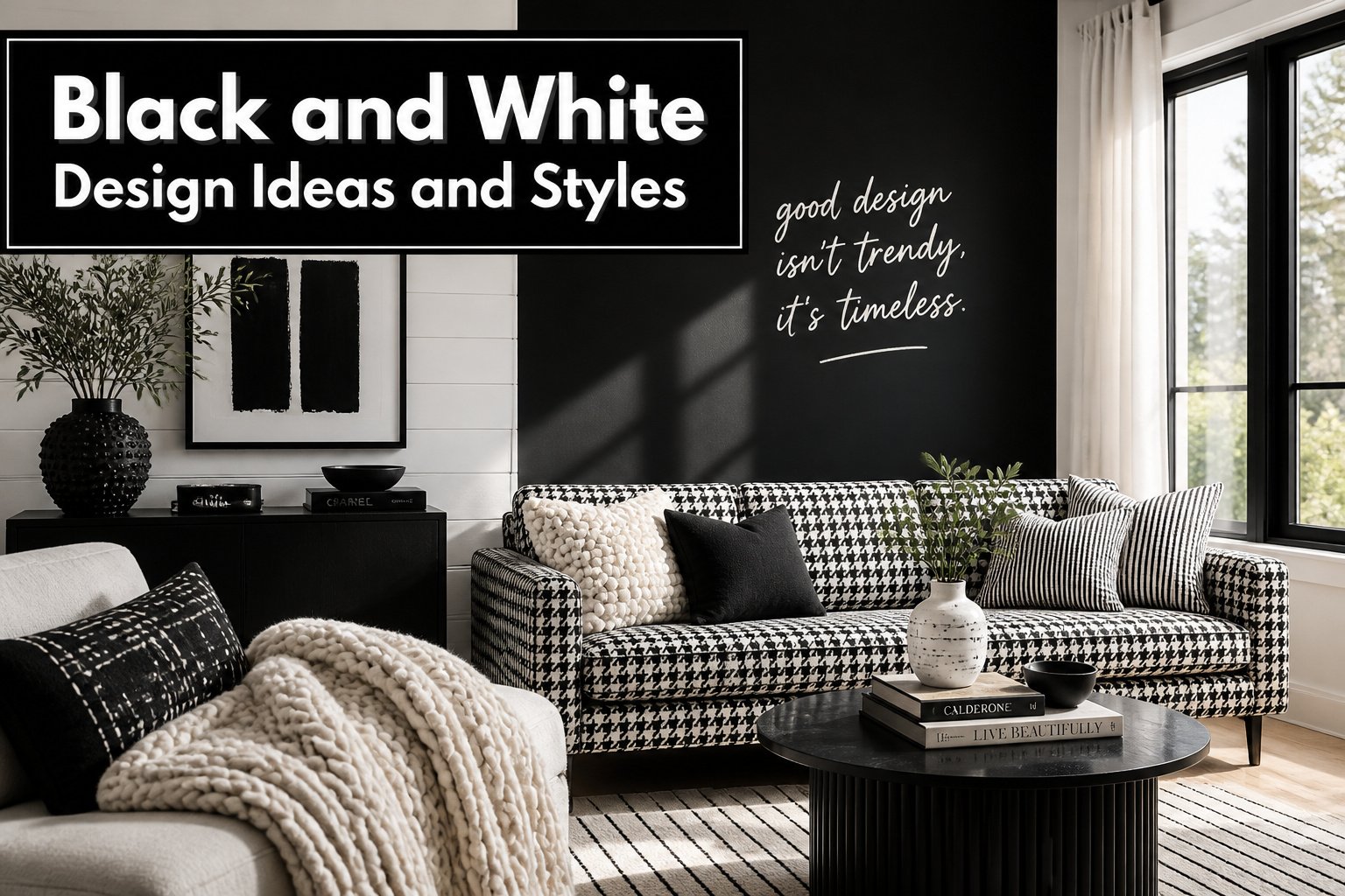 A monochromatic interior design showcasing black and white elements.