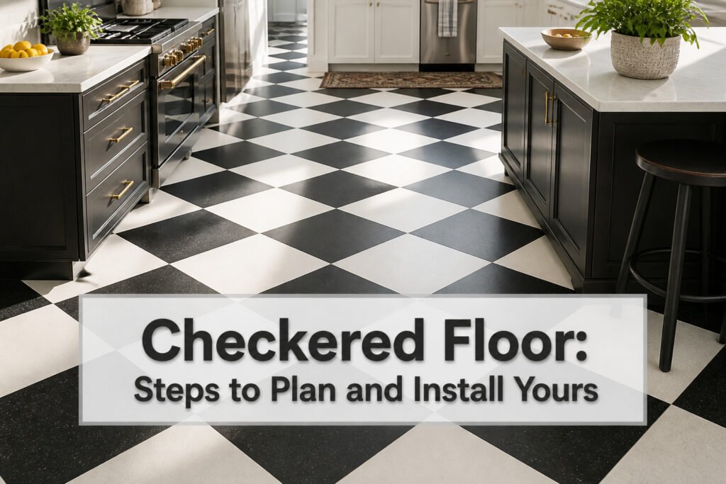 Black and white checkered floor tiles in a kitchen.