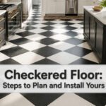 Black and white checkered floor tiles in a kitchen.