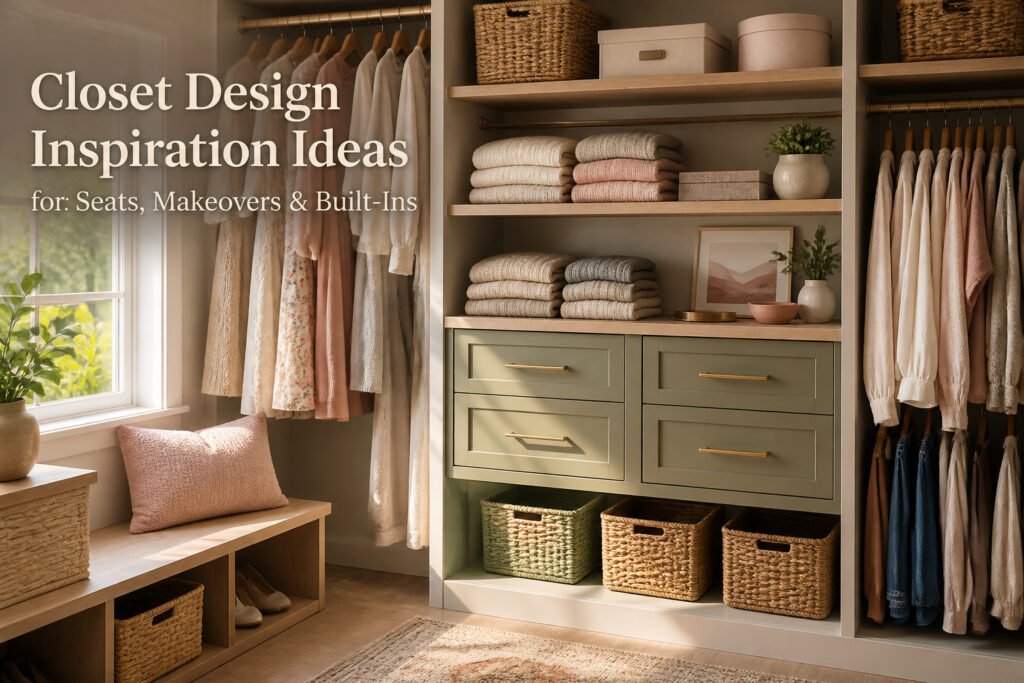 Various closet design ideas with seating and built-in storage.