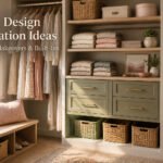 Various closet design ideas with seating and built-in storage.