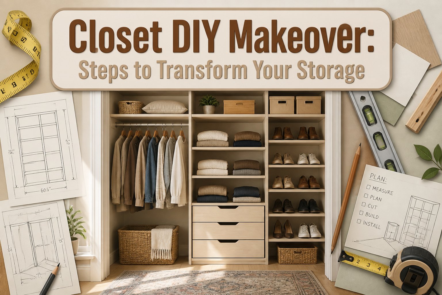 An organized closet with new shelves and decorative elements.