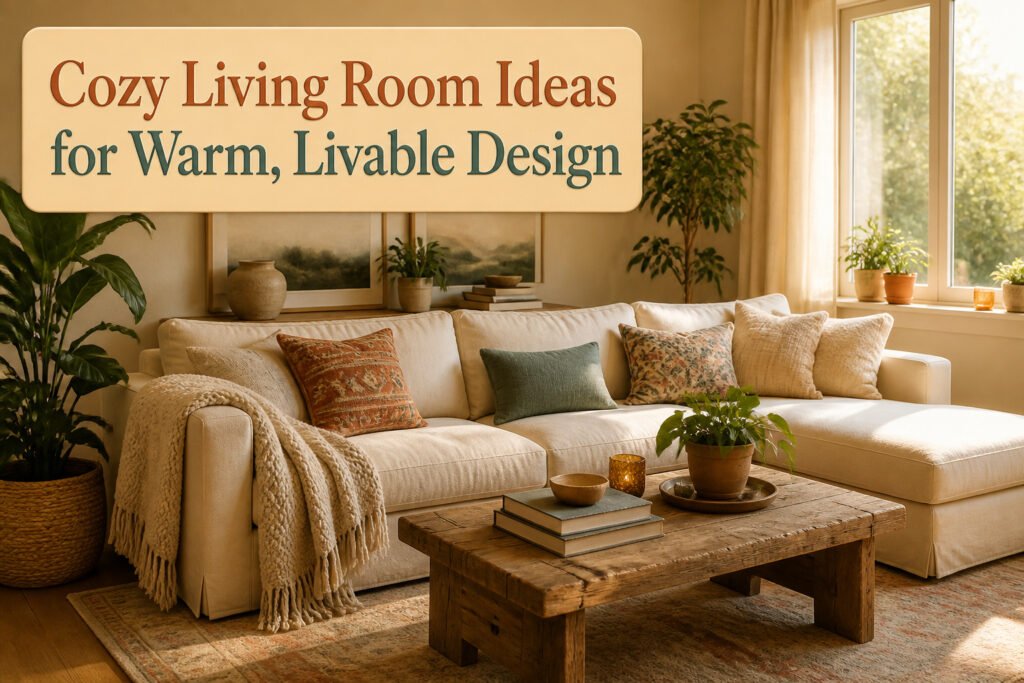 A sectional sofa with layered throws and pillows in a warm living room.