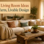 A sectional sofa with layered throws and pillows in a warm living room.