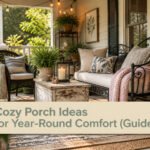 A cozy porch with various seating, plants, and layered textiles.
