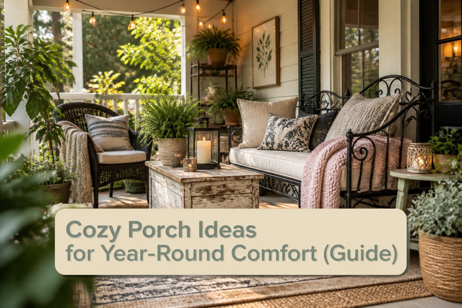 A cozy porch with various seating, plants, and layered textiles.