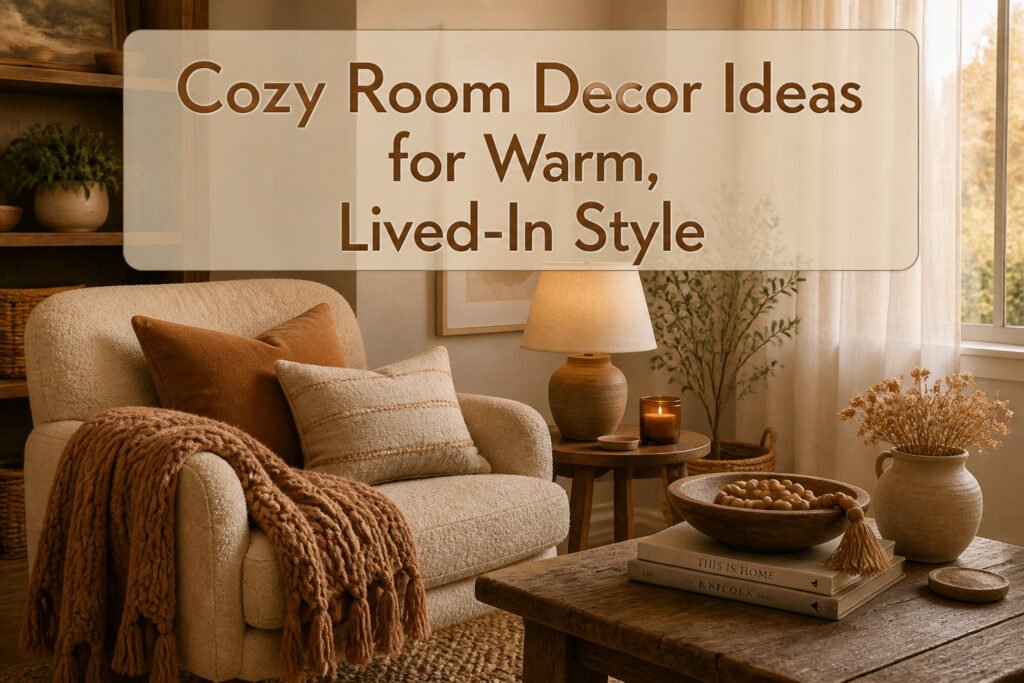 A cozy room showcasing warm wood tones and comfortable decor.
