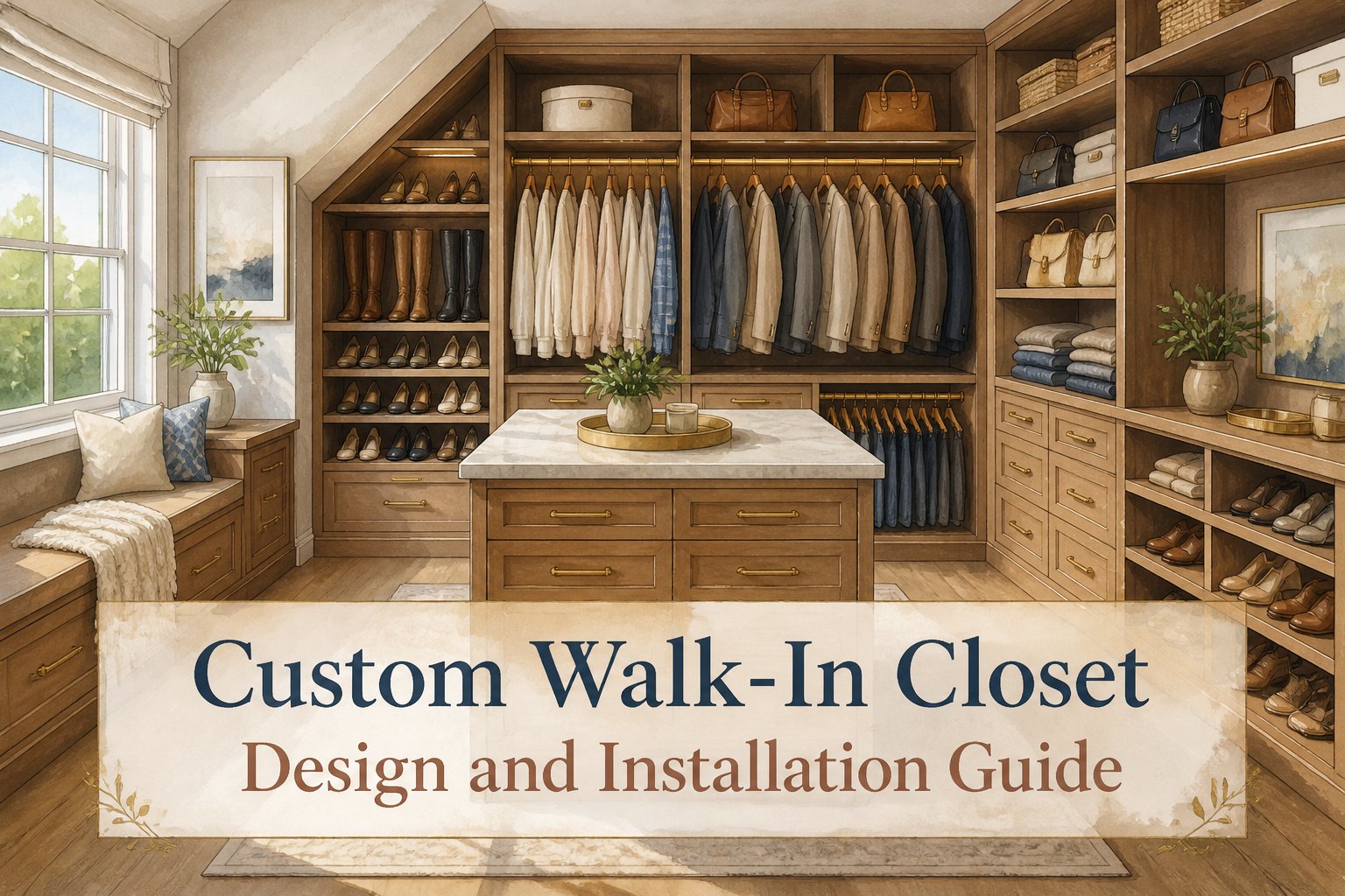 A spacious custom walk-in closet with organized shelves and hanging areas.