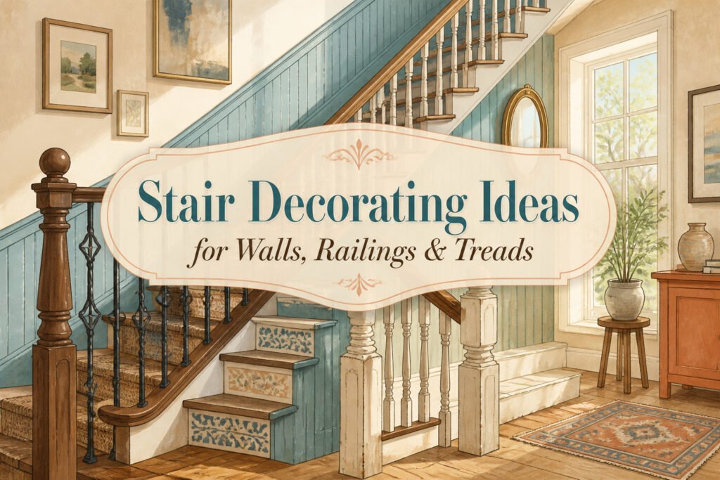 A collage of various stair decorating ideas, showcasing different styles and elements.