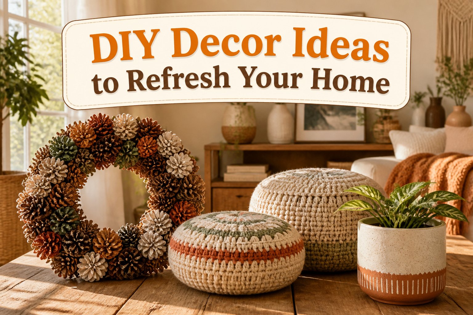Various DIY decor ideas displayed on a table.