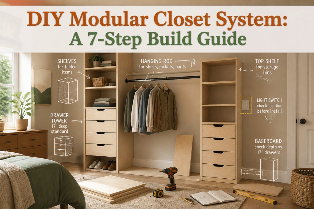 A modular closet system with drawers and shelves in a well-lit room.