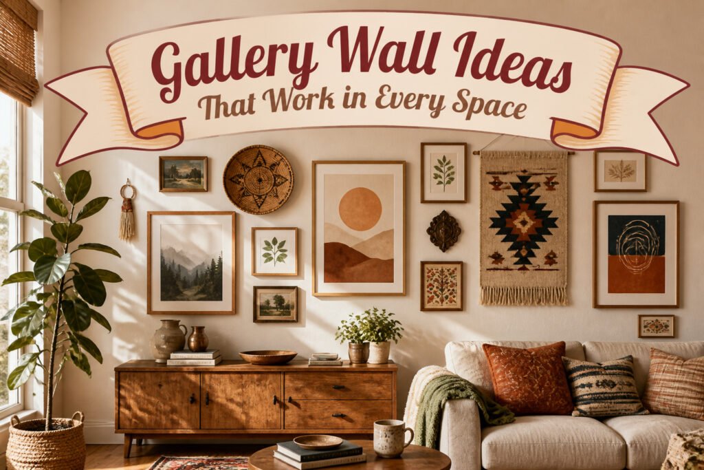 A diverse gallery wall with different art styles and frame designs.