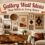 A diverse gallery wall with different art styles and frame designs.