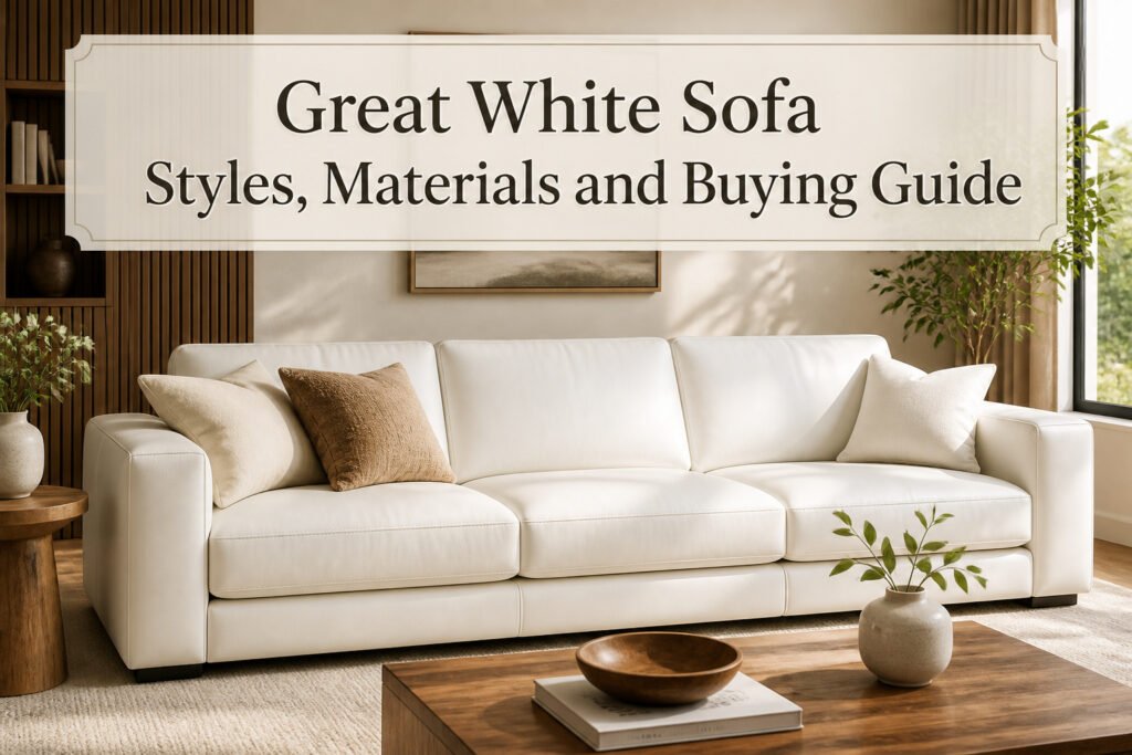 A white sofa in a modern living room with colorful pillows and decor.