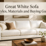 A white sofa in a modern living room with colorful pillows and decor.