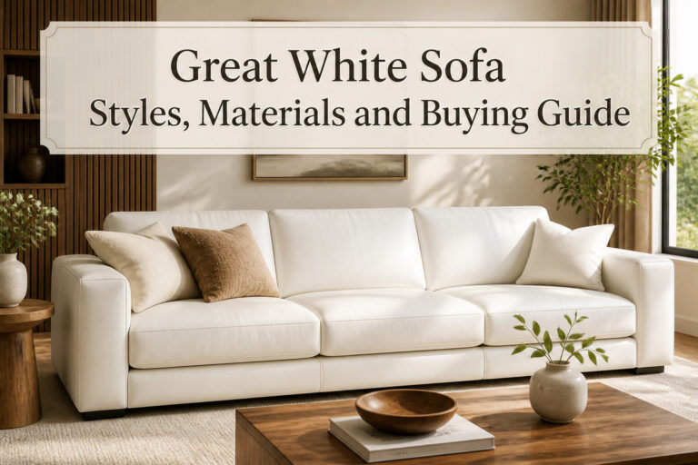 Great White Sofa Styles, Materials and Buying Guide 2026 1 A white sofa in a modern living room with colorful pillows and decor.