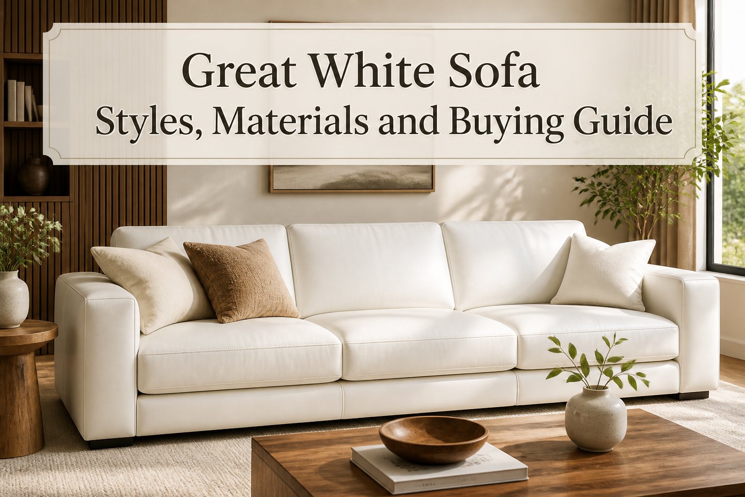 A white sofa in a modern living room with colorful pillows and decor.