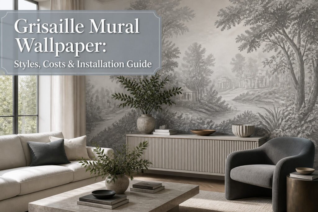 A beautifully designed room featuring grisaille mural wallpaper.