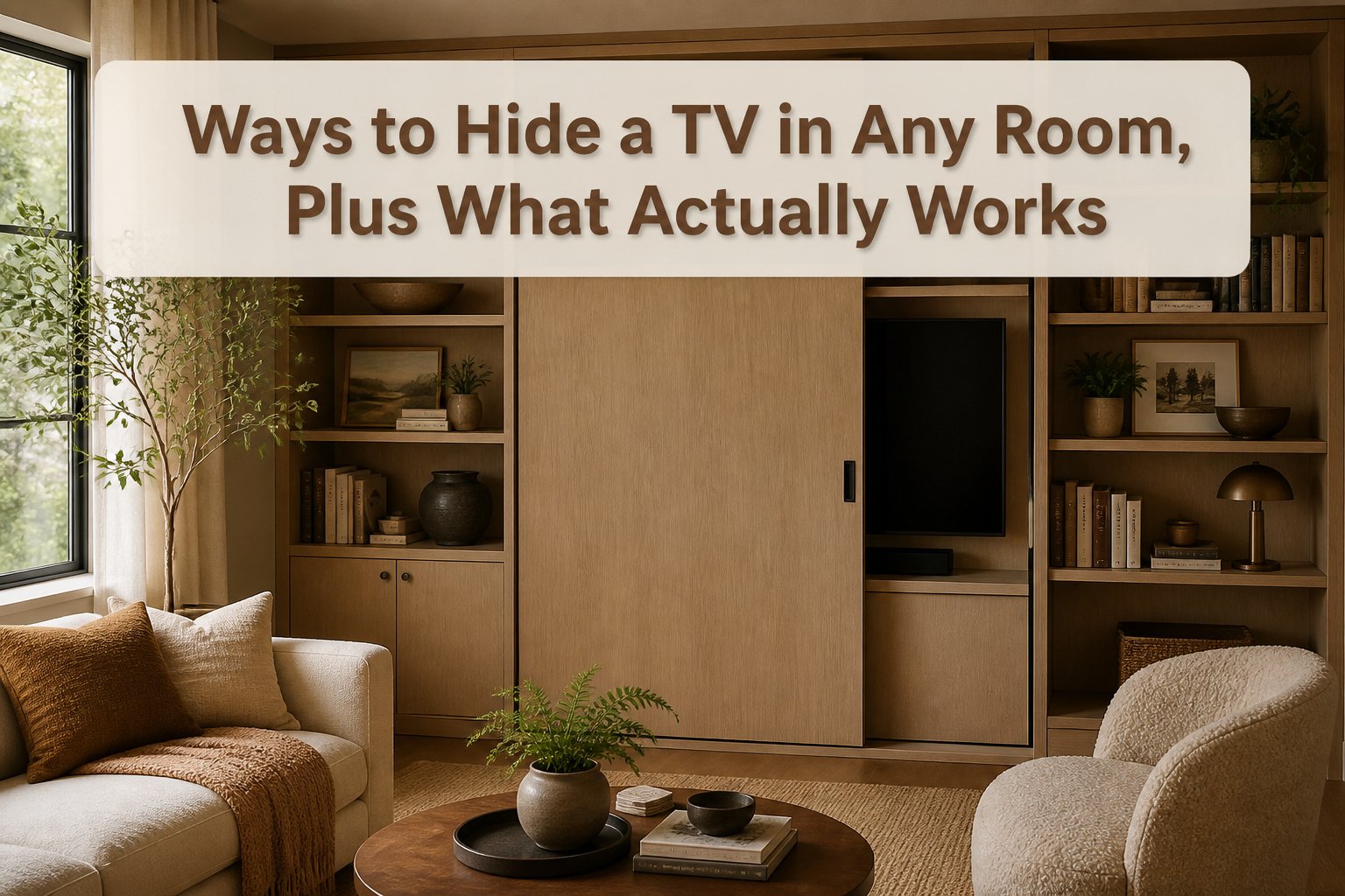 Various methods to hide a TV in a living room.