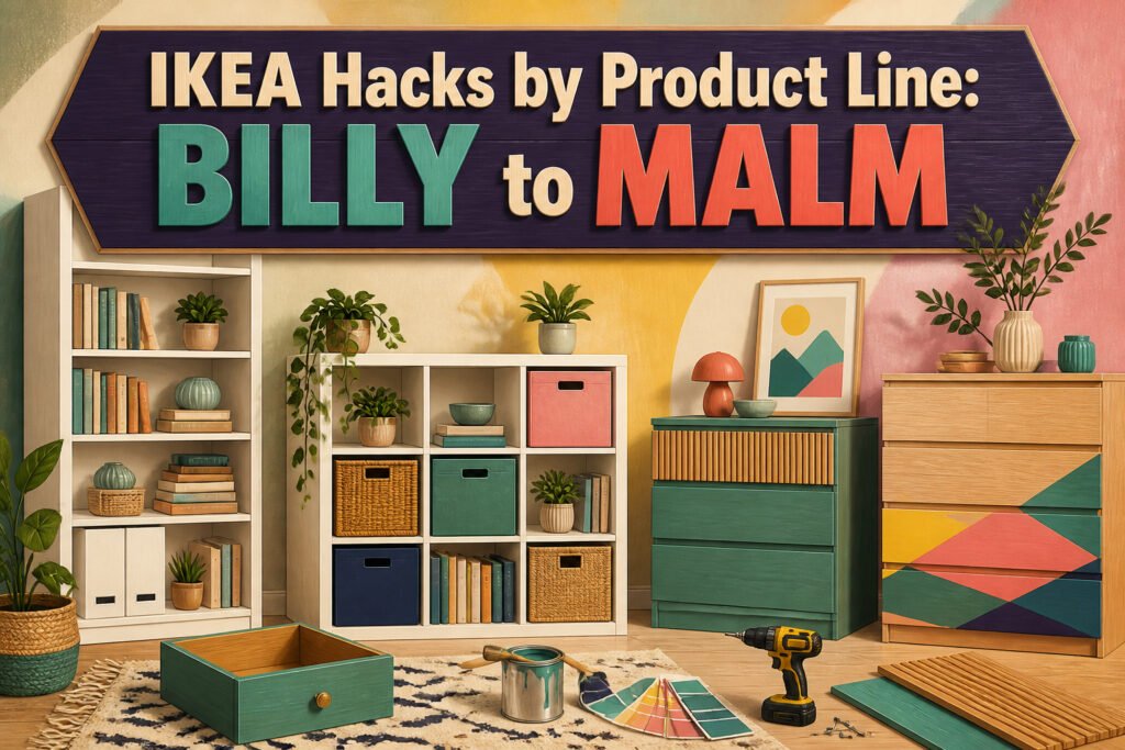 Image showcasing various IKEA products and hacks.