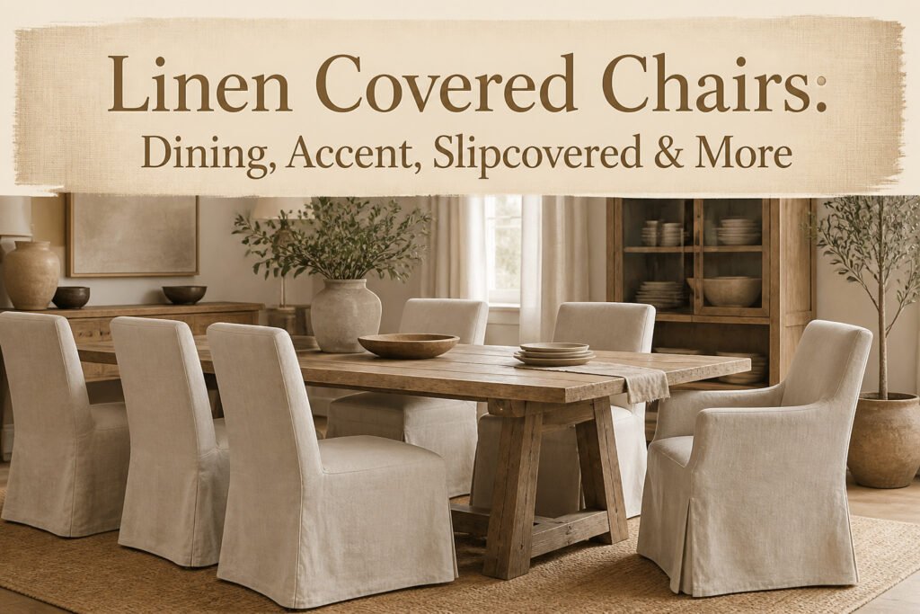 Different styles of linen chairs arranged in a well-lit room.