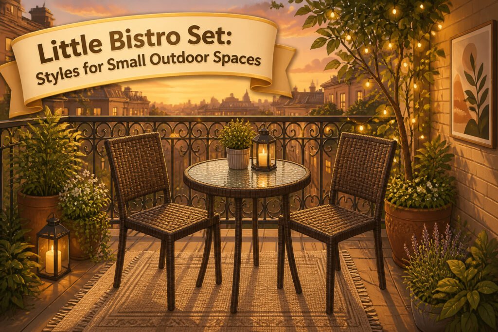 Various styles of bistro sets arranged in a small outdoor area.