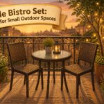Various styles of bistro sets arranged in a small outdoor area.