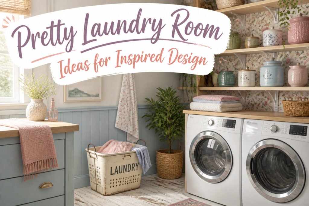 Laundry room with open shelving, woven baskets, and glass jars for organization.