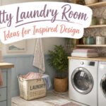 Laundry room with open shelving, woven baskets, and glass jars for organization.