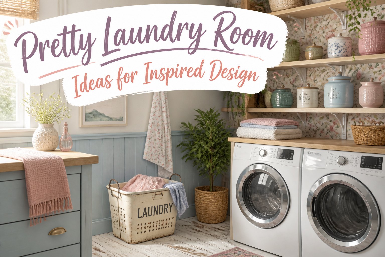 Laundry room with open shelving, woven baskets, and glass jars for organization.