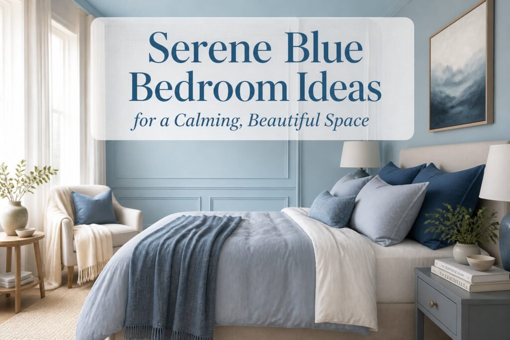 A serene blue bedroom with layered textures and soothing shades.