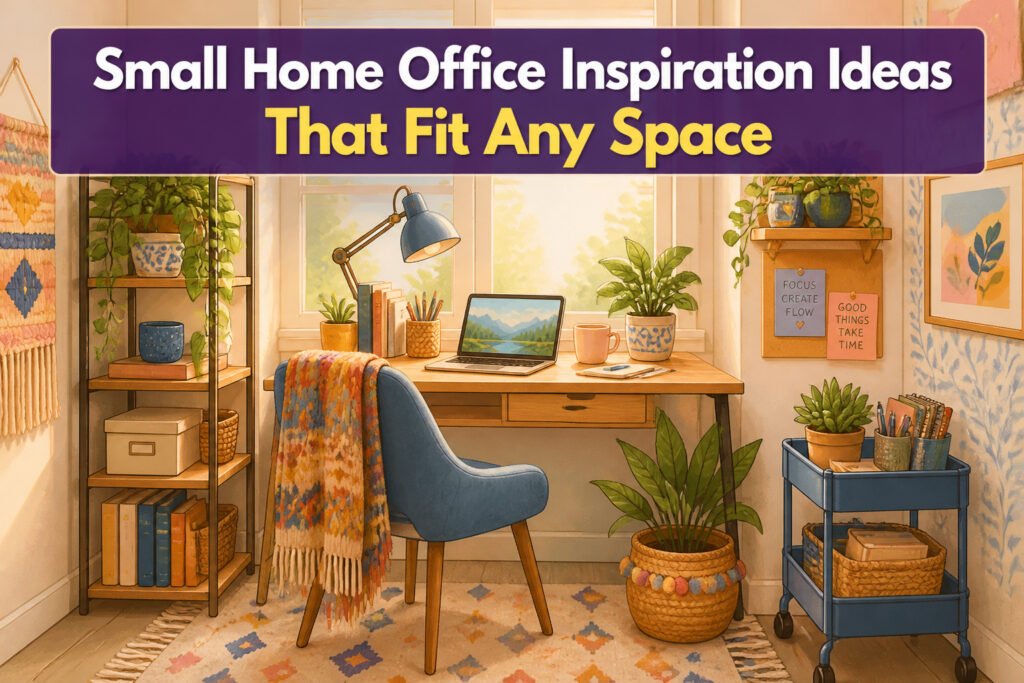A small home office featuring a desk, chair, and decorative elements.