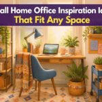 A small home office featuring a desk, chair, and decorative elements.