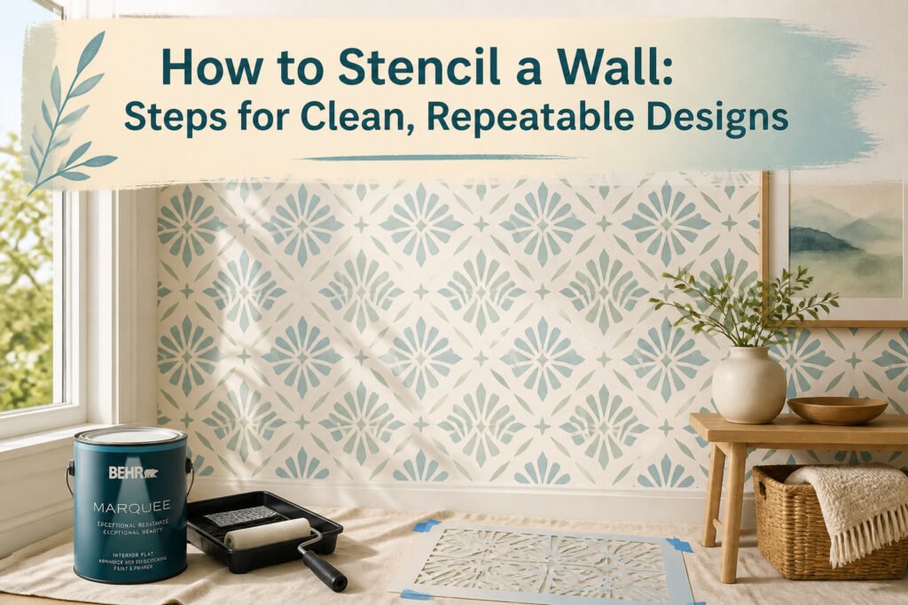 A wall with a stencil pattern being painted, showcasing the design process.