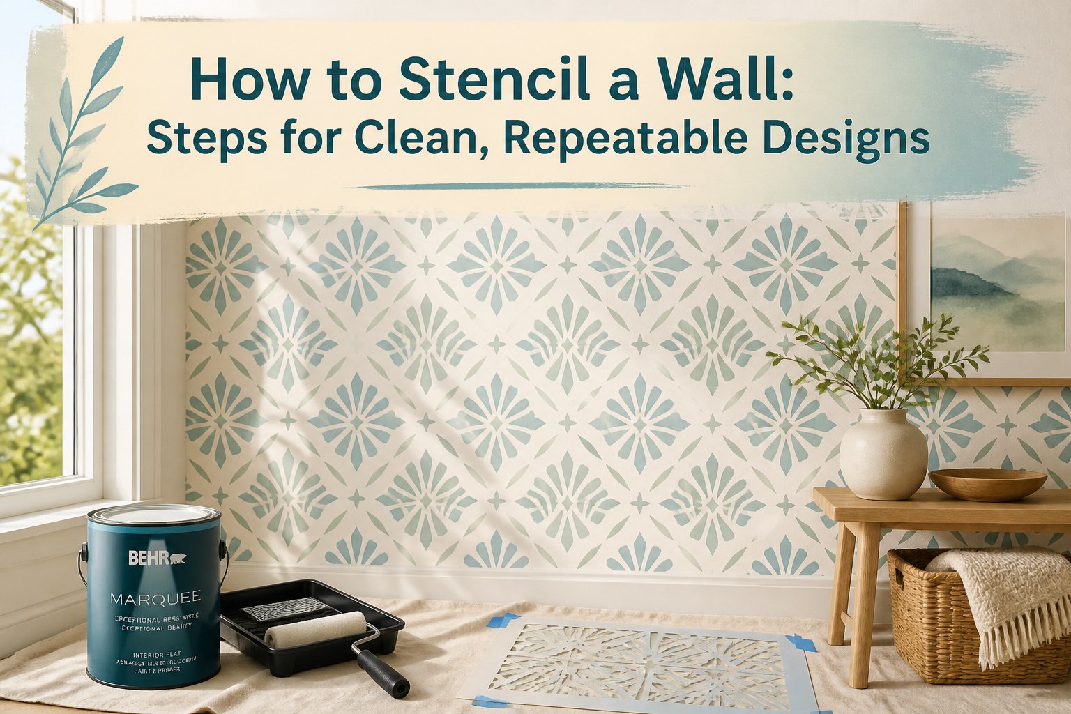 A wall with a stencil pattern being painted, showcasing the design process.