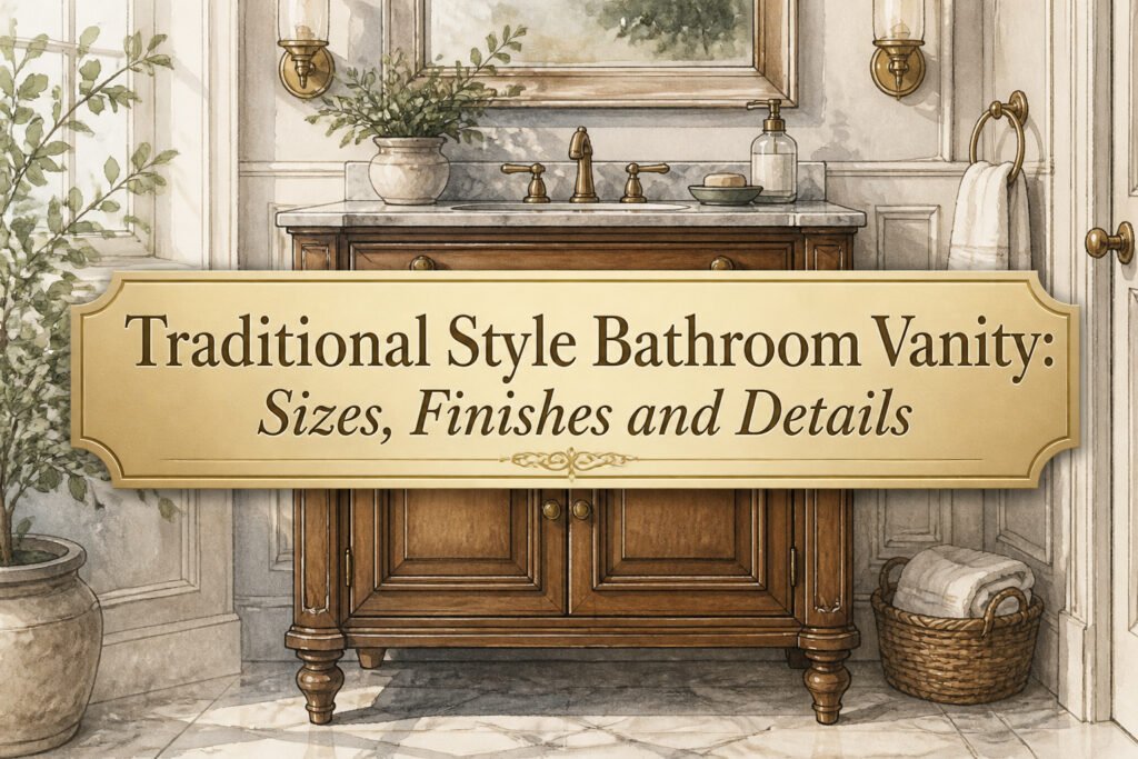 A traditional style bathroom vanity with intricate details and rich finishes.