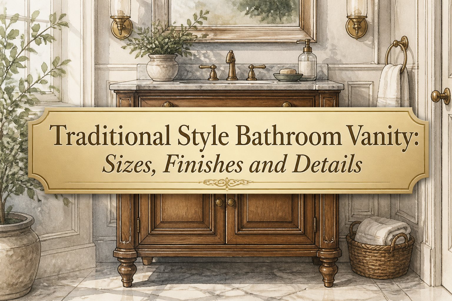 A traditional style bathroom vanity with intricate details and rich finishes.