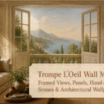 A trompe l'oeil mural depicting a framed landscape scene.