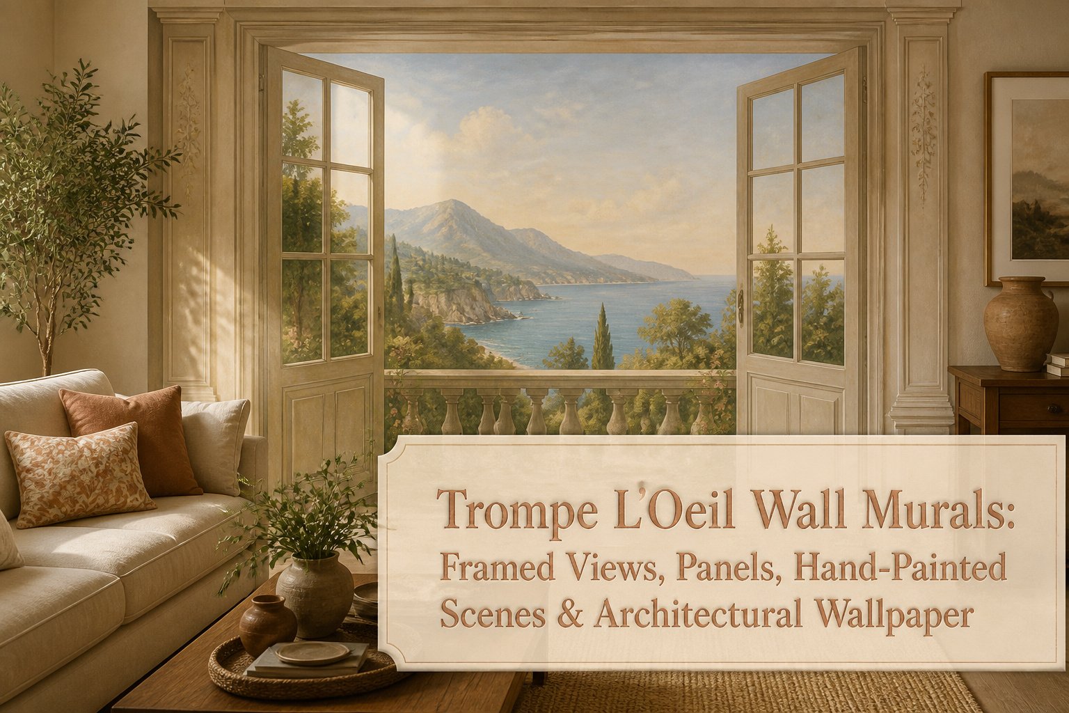 A trompe l'oeil mural depicting a framed landscape scene.