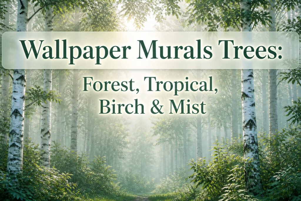 A variety of tree wallpaper murals displayed in a collage.