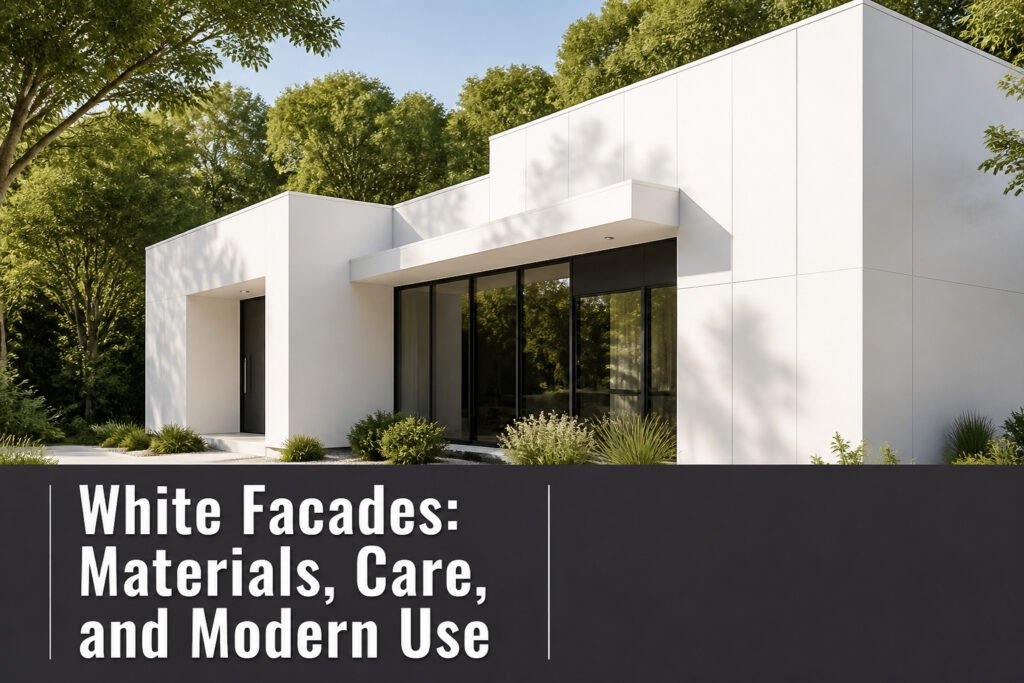 A bright white facade surrounded by greenery and blue sky.
