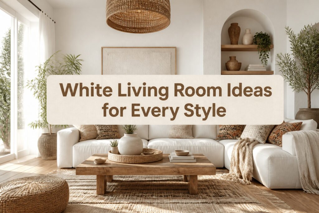 A bright white living room featuring various furniture and decor styles.