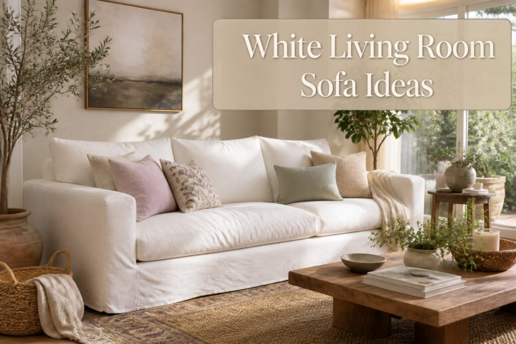 A white living room sofa with plush cushions and clean lines.