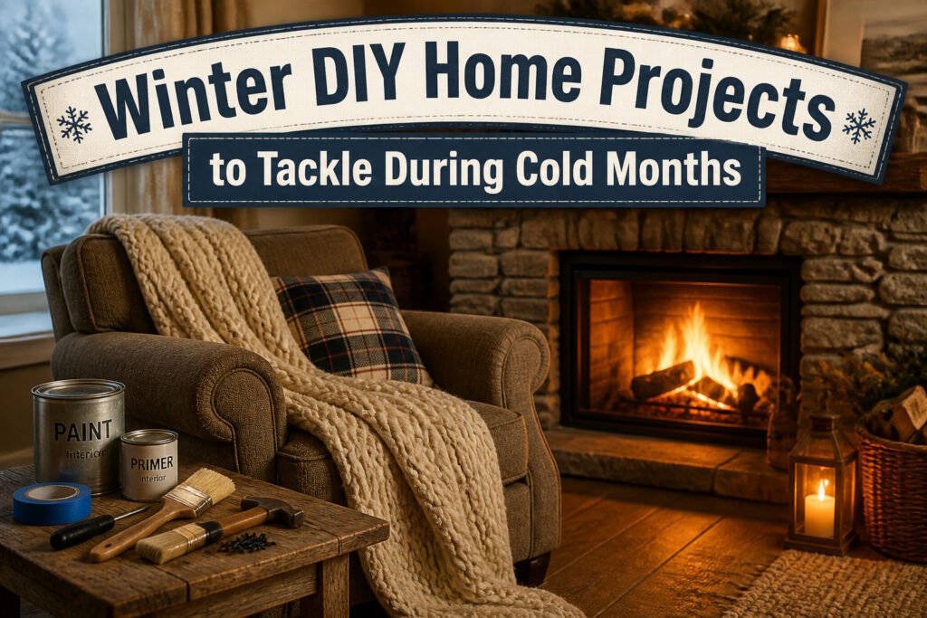 A warm home interior with winter decorations and DIY project materials.